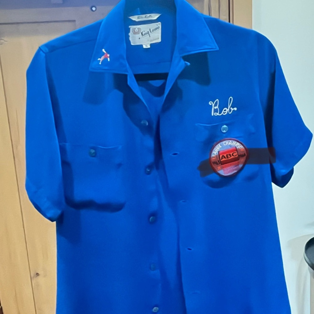 King Louie vintage (late 1969s) blue bowling shirt